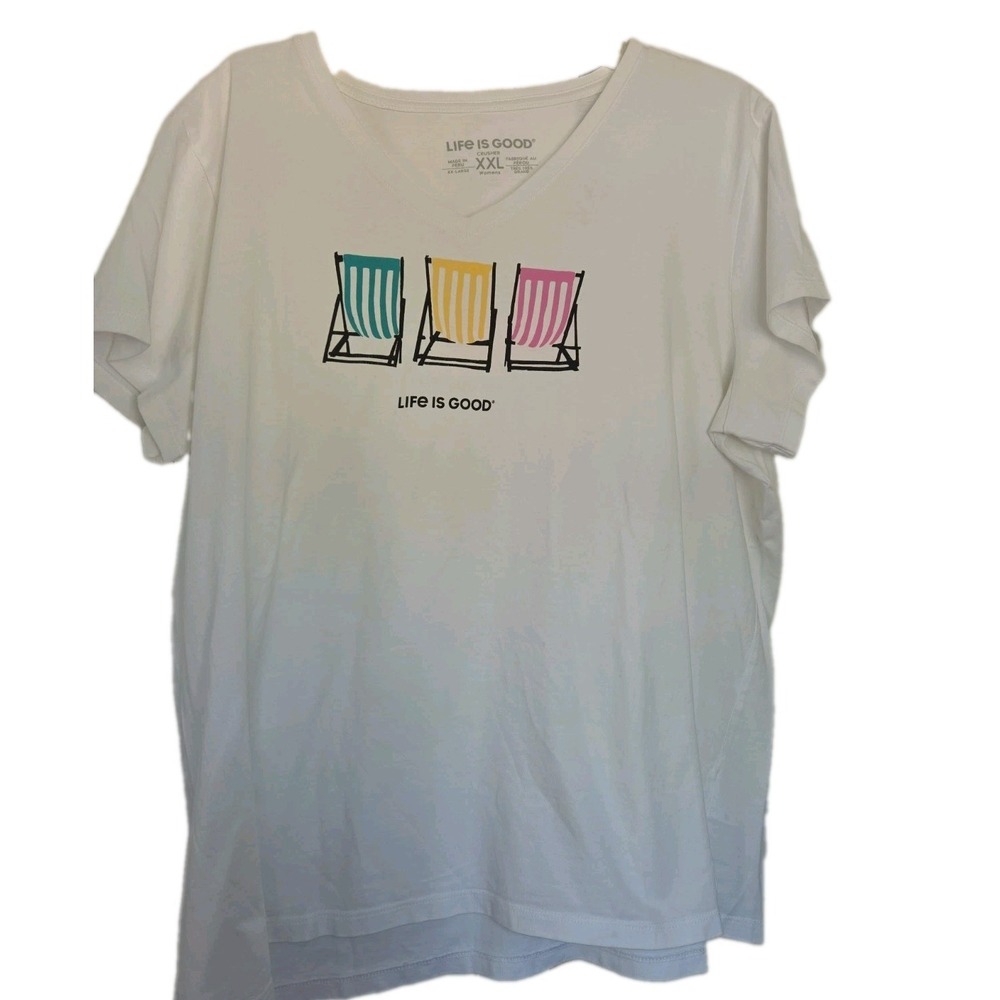 LIFE IS GOOD Women 2XL Crusher tee V-NECK Summer Beach Chairs Cotton Shirt